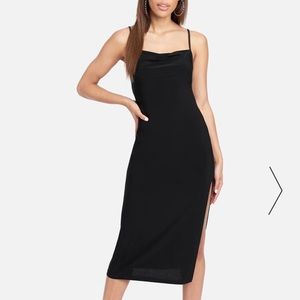 Bebe Cowl Neck Spaghetti Strap Slit Black Dress